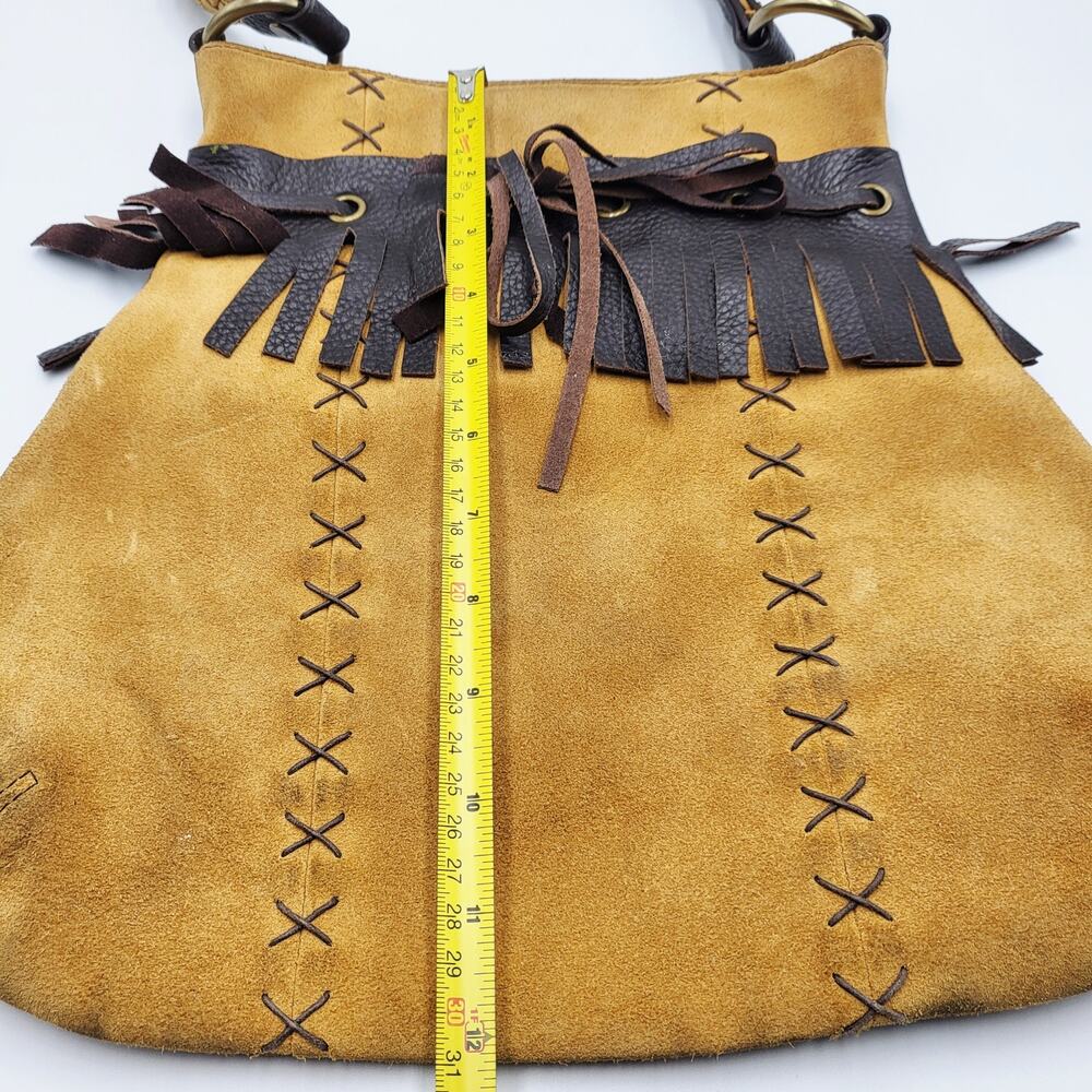 Vintage Inge Sport Boho Yellow Tan Suede Stitched Fringe Accent Shoulder Bag - Picture 8 of 12
